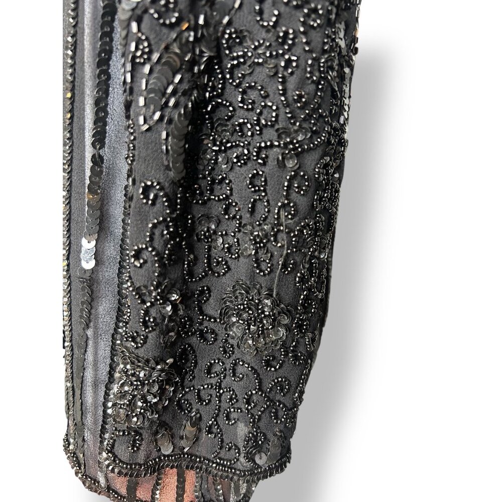 Vintage J Kara Sheer Black Sequin Beaded Blouse Evening Snap Ornate floral - Picture 5 of 9